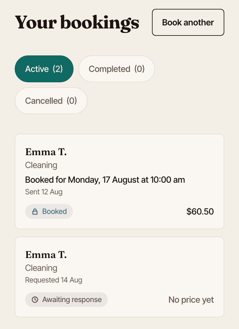 The bookings list in a customer account: a confirmed garden tidy-up showing payment is held until the job is confirmed done, and a cleaning request still awaiting a quote