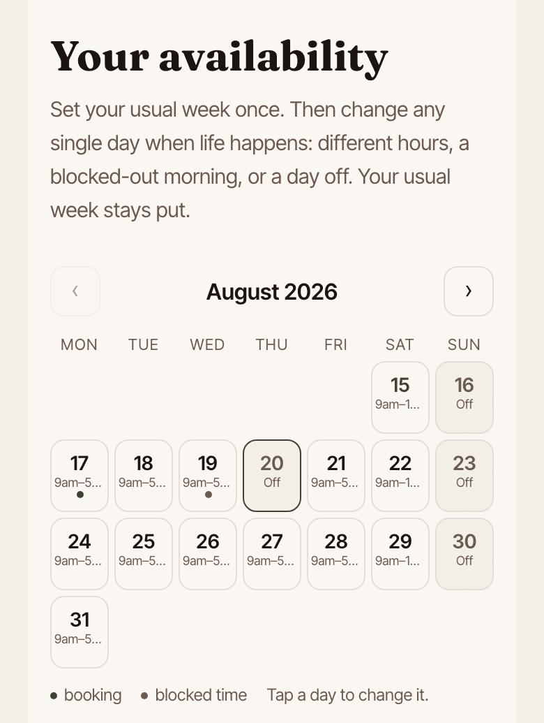 A provider's availability calendar: a mix of free, booked, and not-working days across the month