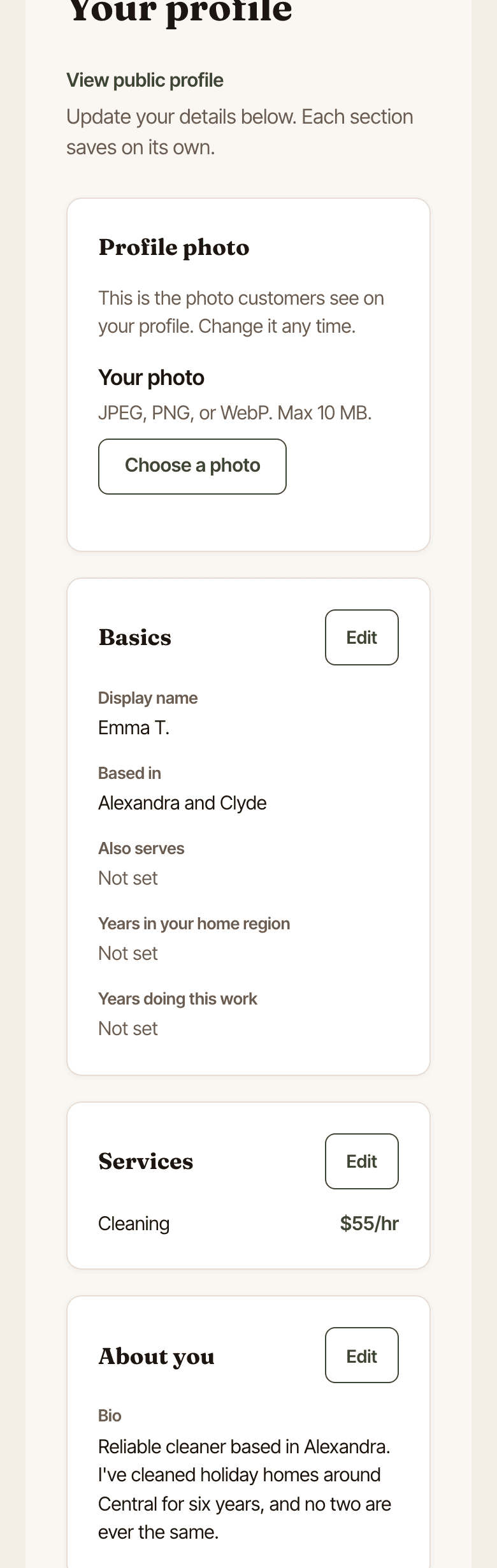 The provider profile editor: sections for your photo, basics, and services and rates, each saving on its own