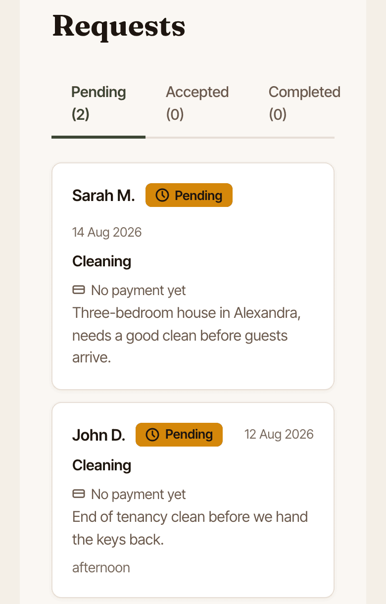 The provider request inbox on the Pending tab: two customer requests, each with a name, service, date, and a short description of the job